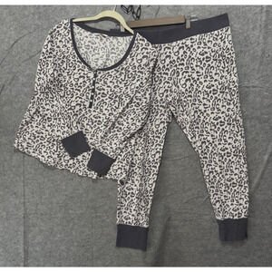 Victorias Secret Thermal‎ Pajama Set Sz XL Gray Leopard Henley Waffle Knit
